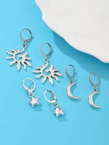 3 对空心星星、太阳、月亮形状金属情侣耳环，适合女性日常佩戴 - 銀色 - 查看 10