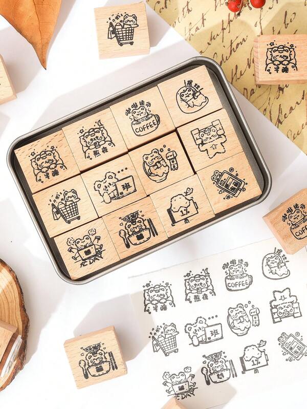 12 piezas/Caja Set de sellos de madera vintage con estampado de oso lindo, una variedad de diseños de combinación de patrones de animales divertidos, sellos decorativos manuales, artesanía de Madera claramente grabada, cuaderno de recortes, diario, decoración manual DIY, regalos exquisitos para amigos, regalo de vuelta a la escuela