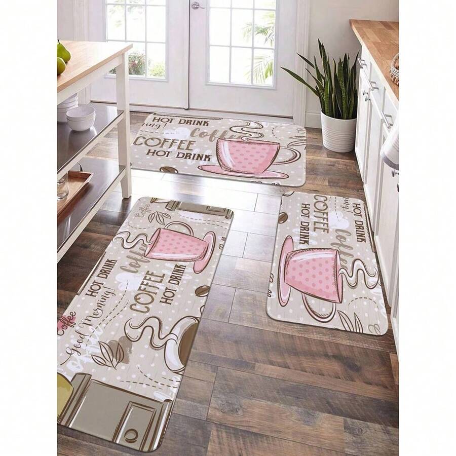 One Pink Coffee Cup Pattern Printed Kitchen Floor Mat, Plush Soft Anti-Slip Absorbent Mat Suitable For Home Kitchen Restaurant Living Room ,Room Decor