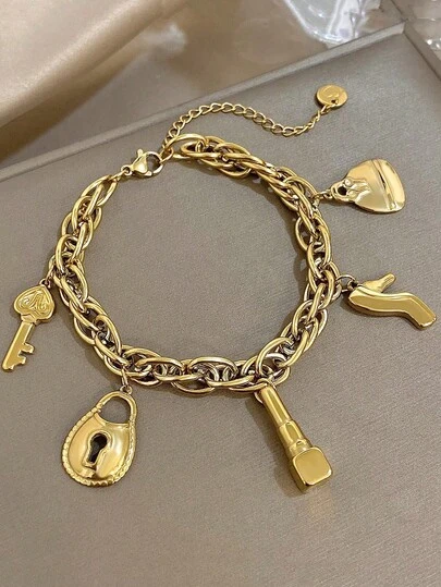 1Pc Elegant & Sweet Key/Lock/Lipstick/Heart Charms Bracelet For Women Girls, 18K Gold Plated Stainless Steel Chunky StackableChain, Mom Gift Christmas Thanksgiving Halloween Wedding Rave/Prom/Party/Daily/Beach Accessories Gift For Anniversary Valentine's Day Boho Jewelry Birthday Bridesmaid Gifts
