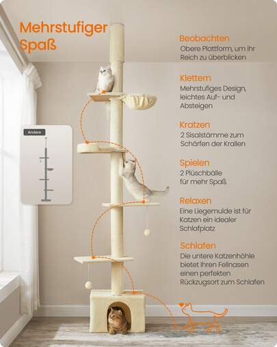 Kratzbaum deckenhoch, 231-291 cm höhenverstellbarer Katzenbaum, XXL, hoher mehrstufiger Katzenkratzbaum, 11 cm Dicke Stämme, Höhle, Liegemulde, Plattform,beige