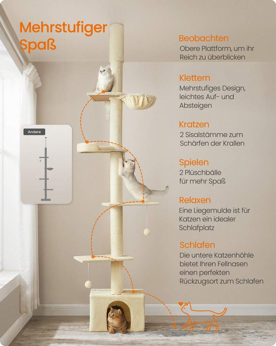 Kratzbaum deckenhoch, 231-291 cm höhenverstellbarer Katzenbaum, XXL, hoher mehrstufiger Katzenkratzbaum, 11 cm Dicke Stämme, Höhle, Liegemulde, Plattform,beige - Beige - Übersicht 1