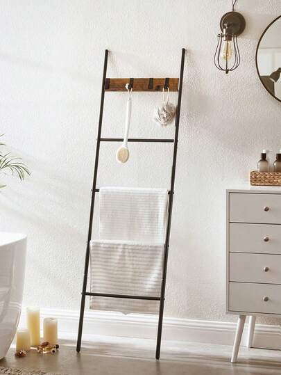 5 Tier 44 X 160 Cm Slanted Ladder Shelf, Towel Rack, Space-Saving, Steel Frame, 4 Hooks, For Blankets Towels, Industrial Style, Rustic Brown And Black