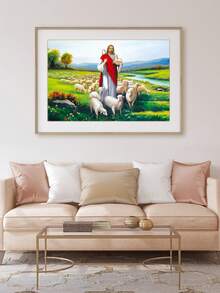 1/5件套，带框装饰艺术风格帆布画，经典宗教艺术，上帝引领羊群，耶稣牧羊，耶稣放羊，含赠品，适合客厅、卧室和酒吧墙面装饰