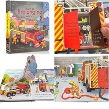 Lachilly Série de livros Peep Inside da Usborne - Como funciona um avião/ Como funciona um caminhão de reciclagem/ Como funciona um carro de bombeiros/ Como funciona um guindaste, livro ilustrado infantil, atividade interativa pré-escolar, livro de inglês para aprendizagem precoce