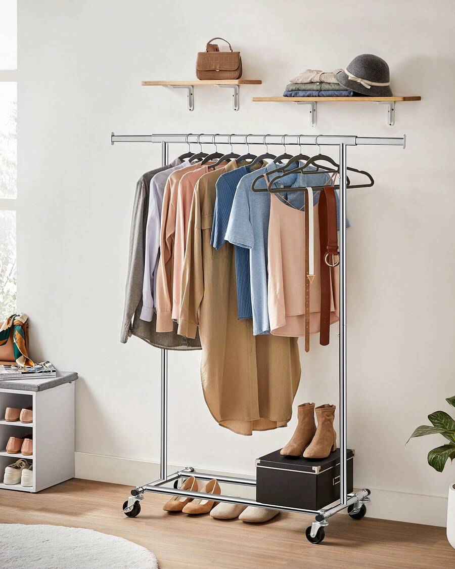 Burro Ropa con Ruedas, Perchero Burro Extensible con Carga Pesada, Capacidad de Carga Máx. de 100 kg, Fácil de Montar, Portátil, Plata - Plateado - Ver 1