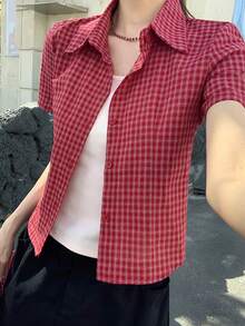 红色格子方领短袖修身休闲衬衫，新款女式短款衬衫上衣夏季 - 紅色 - 查看 6