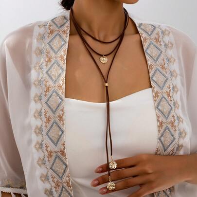 1 pieza Collar colgante circular de varios niveles, ajustable, con estilo retro bohemio. Correa de terciopelo coreana única y elegante para mujer, adecuado para uso diario, vacaciones y fiestas