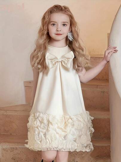 1pc Girls Princess Style Sleeveless Dress, Rose Fabric With Bow Decor, Fashionable Summer
