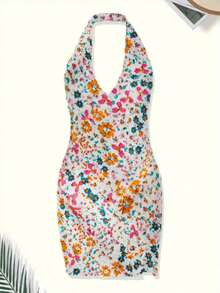 1pc Women's Sexy Plunging Neck Bodycon Mini Dress, Suitable For Work Or Casual Wear, Rave - Multicolor - View 6