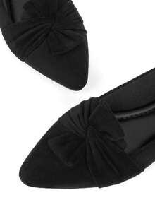 Women's Velvet Bow Detail Flat Shoes - Comfortable Slip-On Ballet Flats, Casual Elegant Loafers For Daily Wear - 黑色 - 查看 5