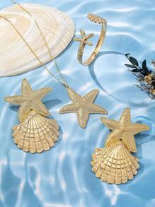 4pcs Exaggerated Sexy Metal Starfish, Shell, Spiral Design Bracelet Necklace Earrings Jewelry Set, Perfect For Charming Ladies, Dancing, Festivals, Outfits, Swimwear, All Season