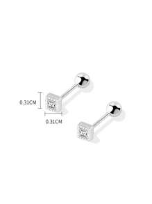 1 Pair S925 Sterling Silver Minimalist Square Diamond Screw Back Earrings, Small Dainty Cartilage Stud Earrings, Non-Piercing Clip-On Style, Fresh Elegant Layering Earrings, Gift