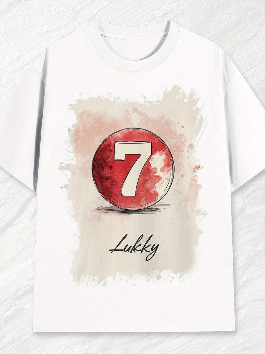 [Retro Charm] Men's Vintage Number 7 Lucky Graphic T-Shirt, 100% Cotton, Casual Crew Neck Tee, Short Sleeve, Regular Fit, Knit Fabric, All-Season, 180g - Perfect For Weekend Casual Wear-Holiday Gift