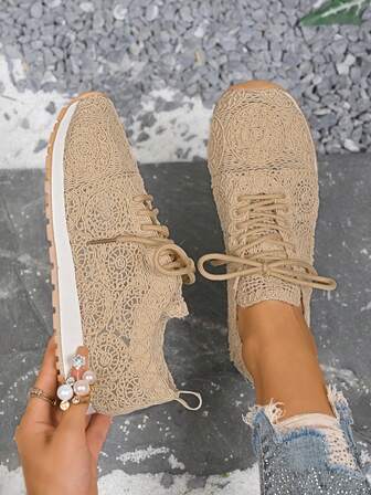 Spring/Summer New Woven Breathable Women Casual Sports Shoes, Bohemian Style Lace-Up Female Sneakers