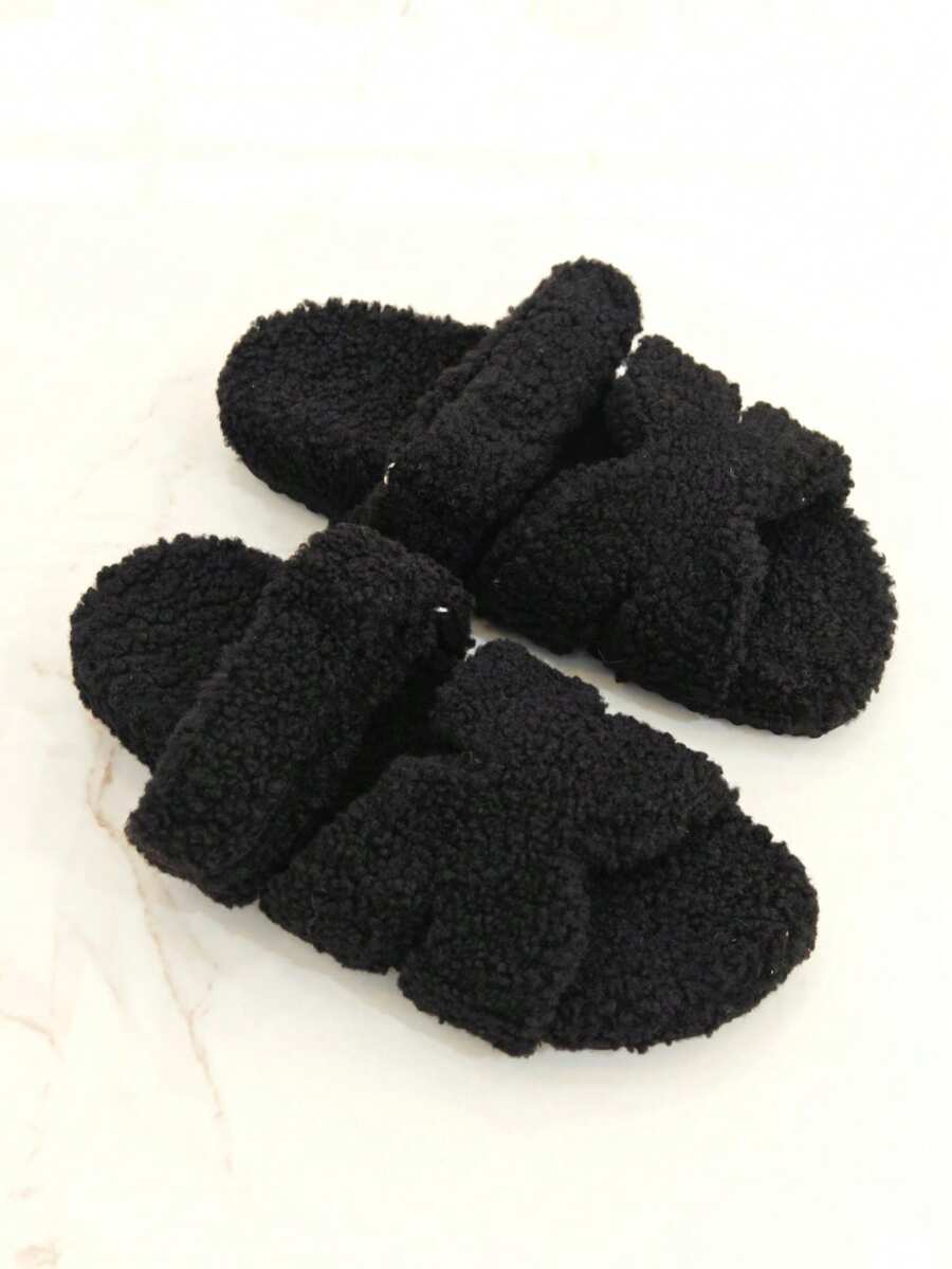 Revreal Cozy Chic: Fuzzy Cross-Strap Sandals Cute - Black - View 1