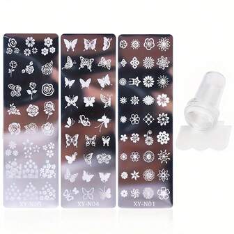5-Piece Nail Art Stamping Kit, Full Cover Flower, Butterfly Patterns, Nail Art Print Templates, Nail Polish Transfer Tools