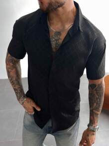 Men's Dress Shirts,Solid Color Geometric Diamond Check Short Sleeve Shirt,Button-Down Business-Casual Shirts With A Regular Fit, Which Are Highly Suitable For Wearing At Wedding Parties, At Work Or In The Office,For Father's Day Gift