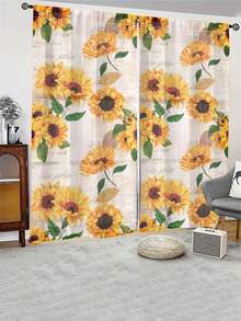 1套2件太陽花鄉村風格的木質花紋窗簾，農舍穀倉木質主題的臥室客廳窗簾，掛袋式窗簾客廳家具裝飾。