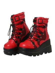 Gothic Platform Combat Boots Wedge Heel Lace Up Ankle Motorcycle Goth Rivet Buckle Fashion Women Booties Shoes - 紅色 - 查看 2