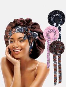 2pcs Women's Multicolor Printed Elastic Band Satin Bonnet For Daily Use Silk Bonnet Satin Bonnet - Multicolor - View 4