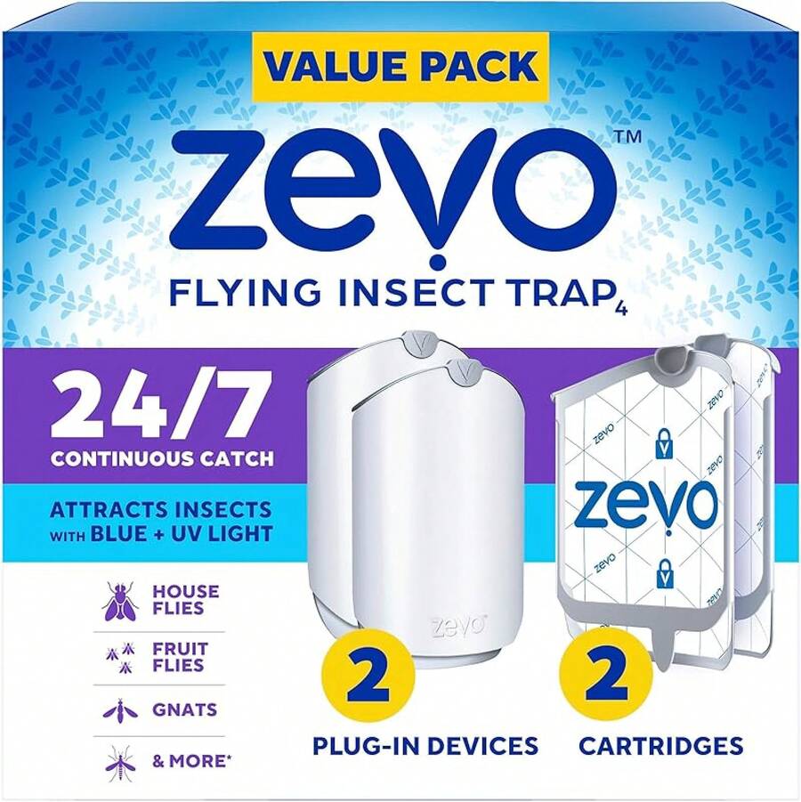 Zevo Flying Insect Trap & Cartridge - Plug In Fly Trap & Indoor Bug Catcher For Gnats, House & Fruit Flies - Mess-Free - Use In Any Room - Uses Blue & UV Light (1 Plug In Device & 1 Cartridge) - 2 Devices & 2 Cartridges - View 1