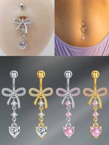 CIZME 1 件 Y2K 肚脐穿孔首饰肚脐穿孔首饰，蝴蝶结心形吊坠杠铃肚脐环肚脐环，银金玫瑰金白粉色 CZ 肚脐杠铃耳钉肚脐穿孔肚脐环女士