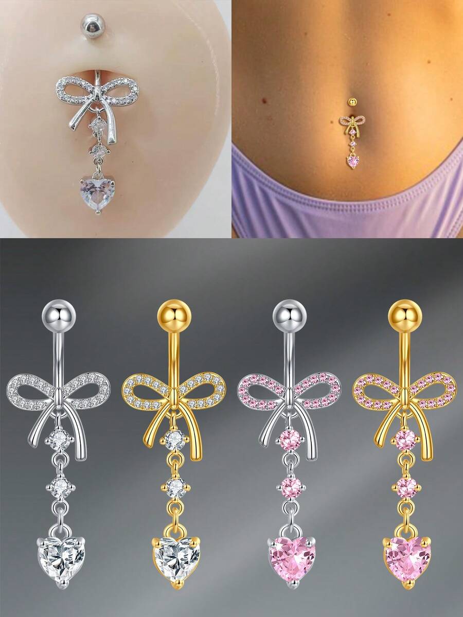 CIZME 1 件 Y2K 肚脐穿孔首饰肚脐穿孔首饰，蝴蝶结心形吊坠杠铃肚脐环肚脐环，银金玫瑰金白粉色 CZ 肚脐杠铃耳钉肚脐穿孔肚脐环女士