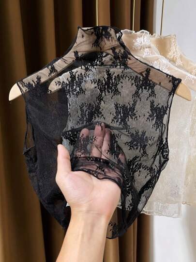 Lace Detachable Collar, Fashionable High Neck Frill Trim Mesh Camisole Top, Layering Sleeveless Tank Top