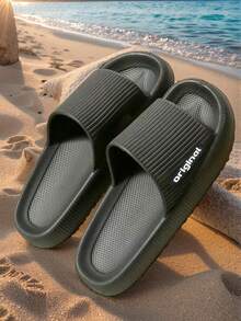 男士夏季新款字母条纹拖鞋，EVA防臭抗菌露趾厚底家居凉鞋，黑色时尚经典百搭热销男女通用四季拖鞋 - 黑色 - 查看 5