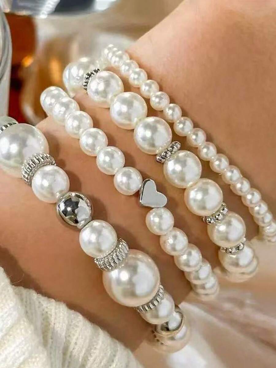 4pcs/Set Minimalist Chic Multi-Layer Pearl Bracelets, Suitable For Daily Wear - one-size - View 1