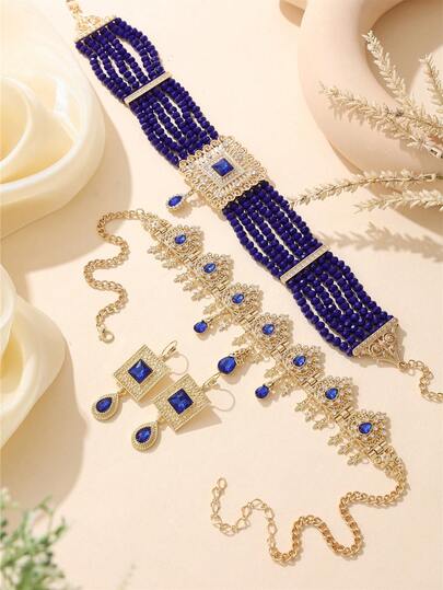 3件套女士首饰套装 - 头链、项链、耳环，奢华宫廷风，新娘婚礼套装，女士节日礼物，活动/节日表演配饰