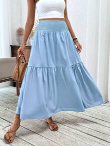 Women's Long Ditsy Floral Skirt, Casual Elastic Waist With Pockets, Ruffle Hem, A-Line Skirt For Summer Spring - Sky Blue - View 5