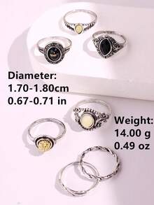 7 件套复古银色仿旧水钻镂空花朵图案金属戒指，女士首饰套装 - 彩色 - 查看 9