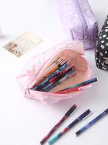 1pc Glossy Heart Pattern Pencil Case, Spacious Space Design Waterproof Material Stationery Storage Bag, Daily Necessities And School Supplies Storage Bag, Fashion School Supplies
