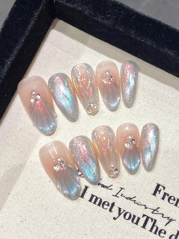 10PCS Mermaid Theme Pink Press On Nails Durable & Never Splitting Comfort Fake Nails For Hot Girl Dress Matching((Random Position Of Rhinestone)Summer Nails, Home DIY Nail Design Full Coverage Fake Nail Tips Artificial Fingernails For Women And Girls Manicure Supplies Office Daily Wear False Nails, Purely Hand-Wear Nails,Nail Supplies