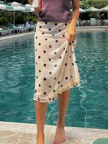 Women Polka Dot Sheer Skirt Mesh See Through Midi Skirts Summer Swimsuit Cover Up See-Through Beach Ruffled Hem Skirt - 白色 - 查看 10