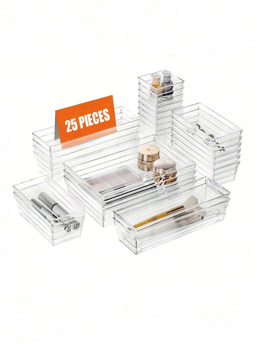 25pcsDrawer Storage Tray, Transparent Polka Dot Multi-Functional Storage Box, Tableware Stationery Cosmetics Classification Combination Storage Box, 4 Sizes Plastic Storage Box, Home Organization And Storage Supplies - Transparent - View 1