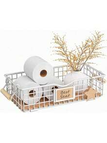 Toilet Paper Storage Basket, Toilet Tank Topper Basket For Bathroom, Cute Narrow Storage Basket For Toilet Tank Top, Bathroom Metal Basket For Bathroom Decor - White - White - View 8