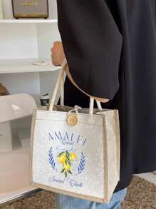 Vibrant Lemon Pattern Printed Tote Bag, Reusable Printed Women'S Tote Bag, Double Handle Shopping School Bag, Large Capacity Shoulder Bag, Casual Tote Bag, Christmas Storage Bag, Suitable For Commuting, School And Shopping, Convenient For Outdoor Use, Gifts For Mom, Friends And Besties, Teacher Gifts, Perfect Choice For Vacation And Festival, Best Mother'S Day Gift