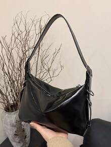 2025 最新款女士单肩包，小巧手提包，设计独特，休闲又时尚，PU 皮革，可调节肩带，宽敞空间，春夏 - 黑色 - 查看 7