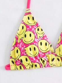 Girls Three Pieces Rose Red Smiling Face Print Bikini Set With Veil, Fashionable Holiday Style, Suitable For Swimming, Vacation, Summer - Rose Red - View 4