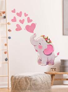 1pc/1set 2pcs Cartoon Elephant, Heart, Fox, Floral Wall Sticker For Living Room, Bedroom Decor, Self-Adhesive Wall Decal