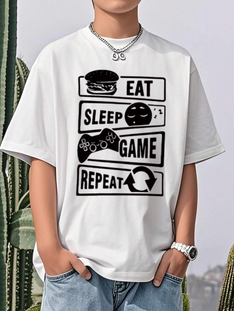 1 Set Casual Printed Round Neck Off-Shoulder T-Shirt For Teenage Boys, Summer Top - Bright Color Short Sleeve T-Shirt Adds Color And Joy To Every Child's Life. Boys' Outfit, Children's Clothing, Boys - White - View 1
