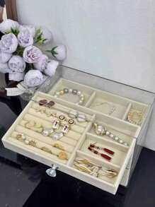 1pc 5-Layer Flocked Jewelry Storage Box, Multi-Functional Stackable Transparent Jewelry Box With Drawers, For Earrings, Rings, Necklaces, Bracelets, Pendants, Perfect For Birthday, Valentine's Day And Anniversary Gifts, Display Box For Women Storage Organizer Travel Essentials Back To School