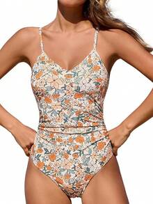 Women's Swimsuits Bathing Suits Cutout Tummy Control Adjustable Straps O Ring 2025 - Beige/Floral - View 1