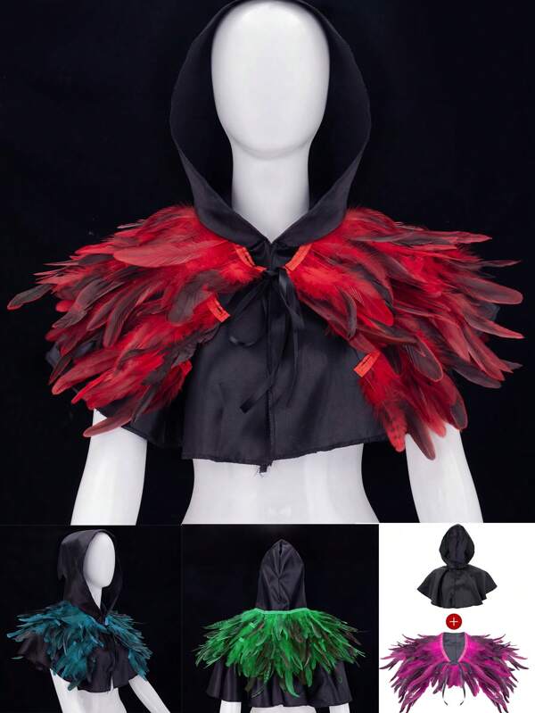 2pcs/Set Women Feather Epaulet Shawl (1pc Shawl + 1pc Feather Cloak), Angel Feathered Shawl With Pleats, Tassel Lace, Bohemian Punk Gothic Body Harness, Feather Rave Dance Festival, Polyester Material, Suitable For Halloween Party