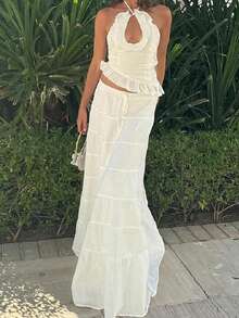 Y2k Maxi Skirt Set For Women Backless Lace Halter Top And Pleated Flowy Skirt Sets Beach Sheer Dress Summer 2 Piece Outfit Beach Set - trắng - Xem 8