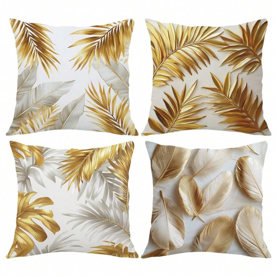 [2D Flachdruck] 4 Stücke goldene 3D Federn Blatt Bedruckte Kissenbezüge [Kissenfüllung nicht enthalten], 17.7*17.7in(45*45cm), [Einseitiger Muster] Moderne einfache Polyester Kissenbezüge für Sofa, Bett, Wohnzimmer, Schlafzimmer, Auto, Büro, Hotel Dekoration, Geeignet für alle Jahreszeiten, perfektes Geschenk für Familie und Freunde