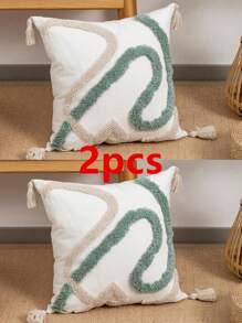 1pc/2pcs Geometric Line Pattern Plush Embroidered Decorative Pillow Cover, Cotton Twill Fabric, Nordic Style With Tassels, Suitable For Room, Living Room Sofa, Waist Cushion, Holiday, Birthday, Party, All Seasons, Without Filler, 30*50cm, 45*45cm